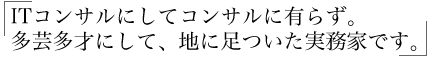 ITコンサルにしてコンサルに有らず。多芸多才にして、地に足ついた実務家です。